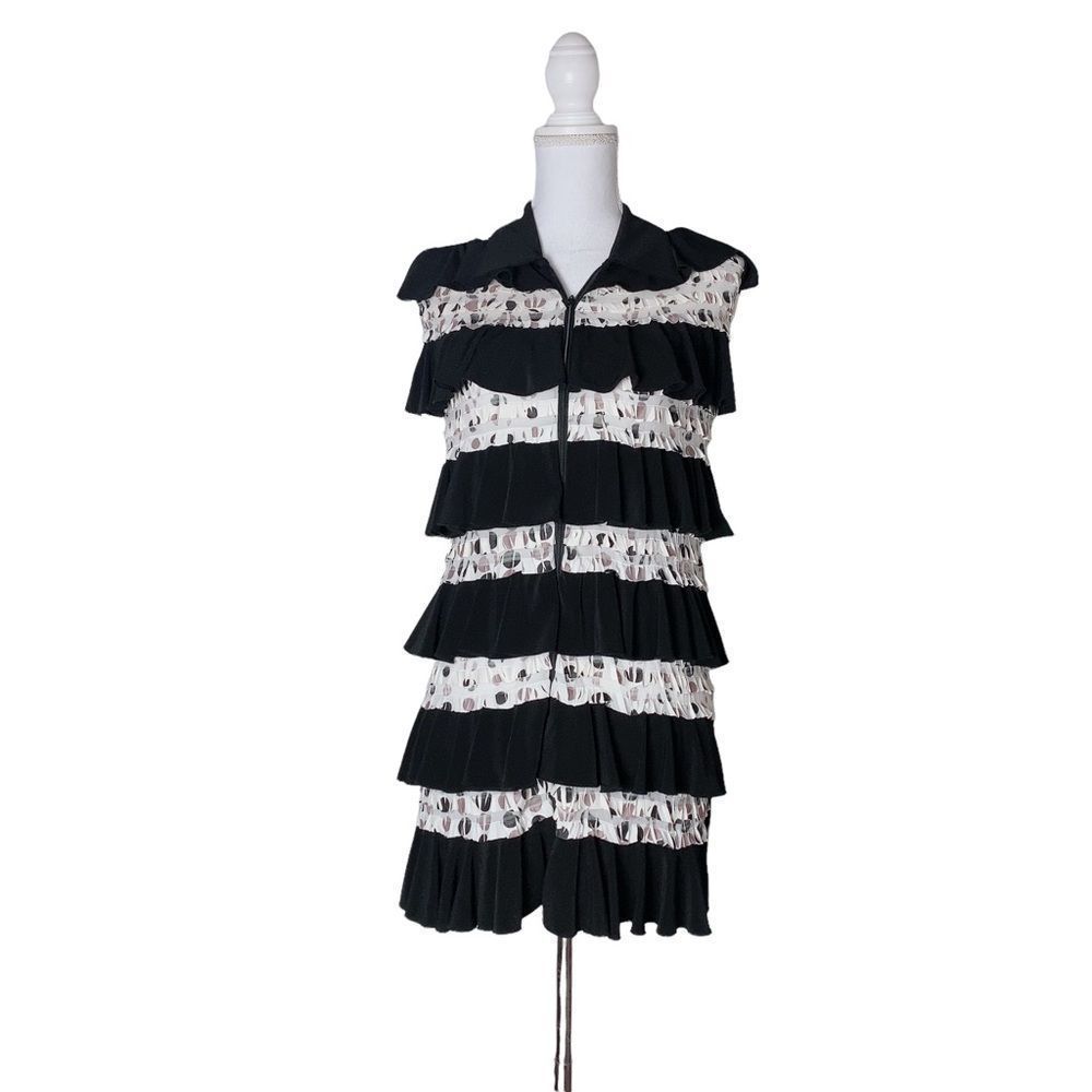 Samuel Dong Women's XS Tiered Ruffle Sleeveless Tunic Layering Dress Black Cream